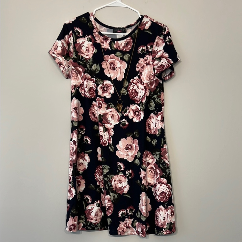 Discreet Navy Blue Pink Floral Dress w/ Sewn-in Necklace